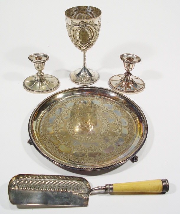 Appraisal: Five silver plated items - an engraved tray a crumb