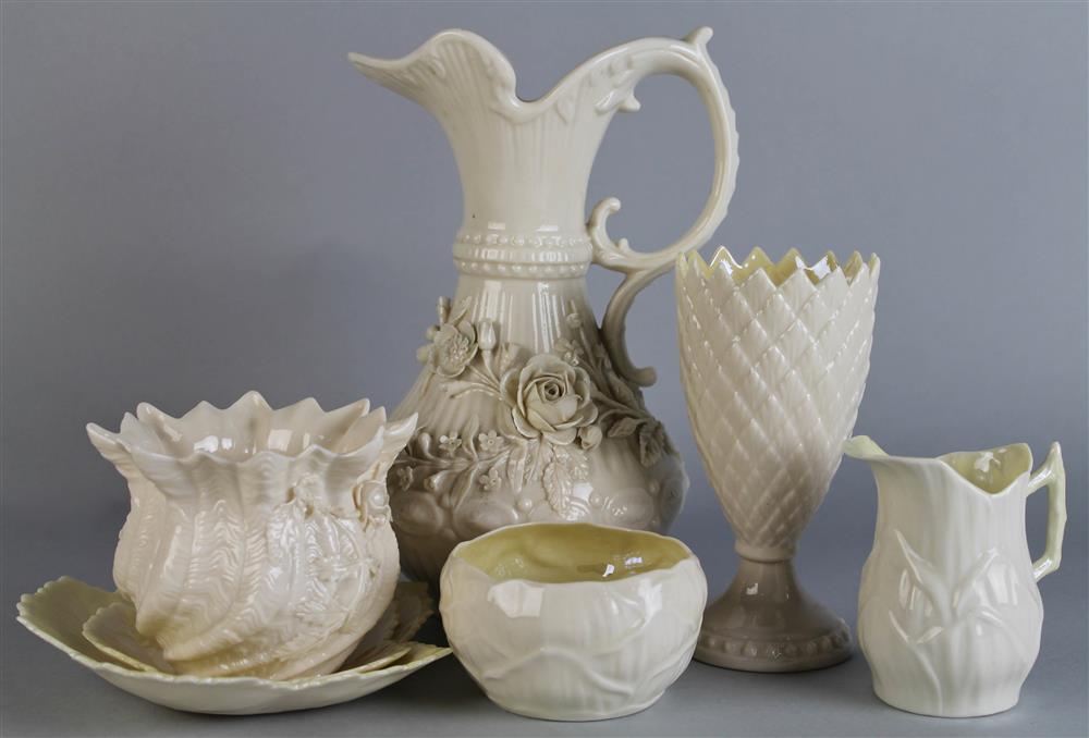 Appraisal: SEVEN BELLEEK PIECES GREEN PRINTED MARKS including a flower-encrusted fluted