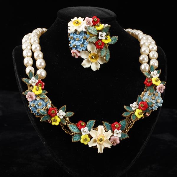 Appraisal: Miriam Haskell pc Polychrome Floral Faux Pearl Necklace brooch pin