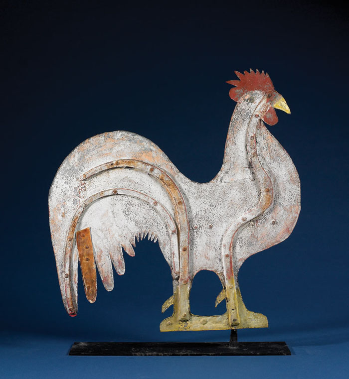 Appraisal: SHEET METAL ROOSTER WEATHERVANE IN WHITE PAINT WITH RED AND