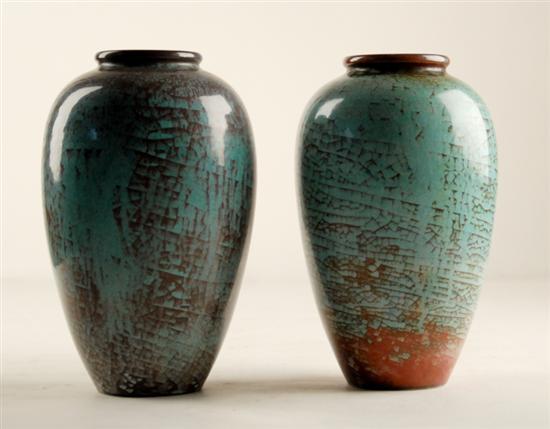 Appraisal: A Pair of Danish Chantal Vases ovoid seafoam green and