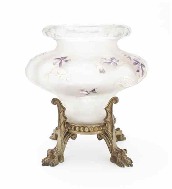 Appraisal: A Frosted Glass Vase on Stand decorated with pansies atop