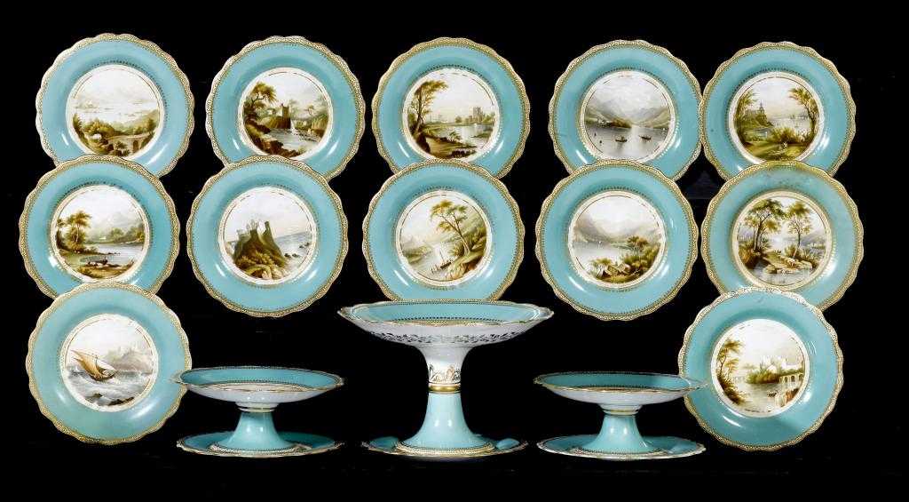 Appraisal: A STAFFORDSHIRE TURQUOISE GROUND IRISH AND SCOTTISH TOPOGRAPHICAL DESSERT SERVICE