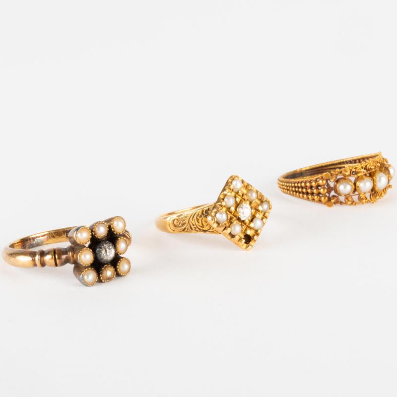 Appraisal: Three Pearl and Gold Rings One set with a tiny