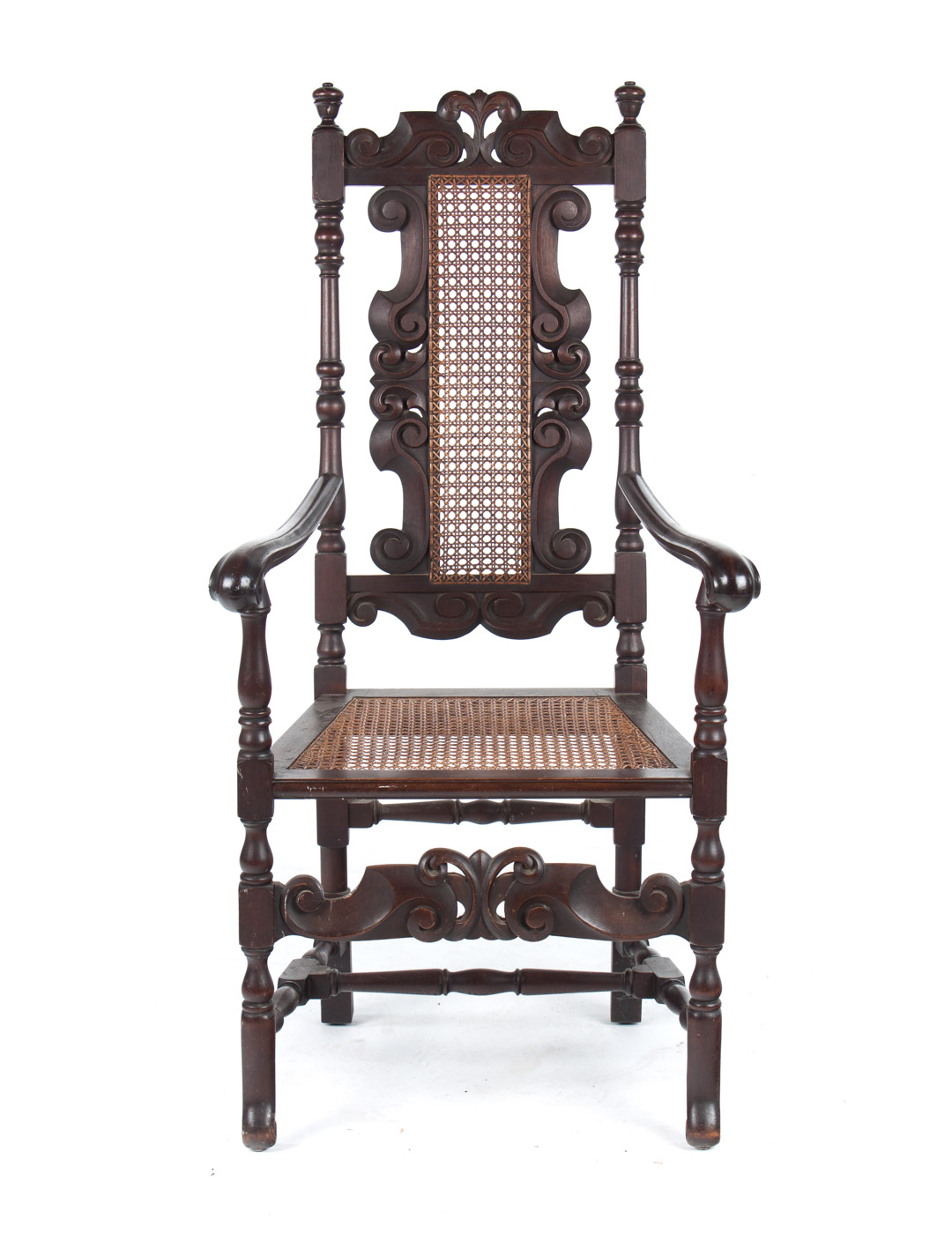 Appraisal: Charles I style walnut armchair carved walnut caned panel back