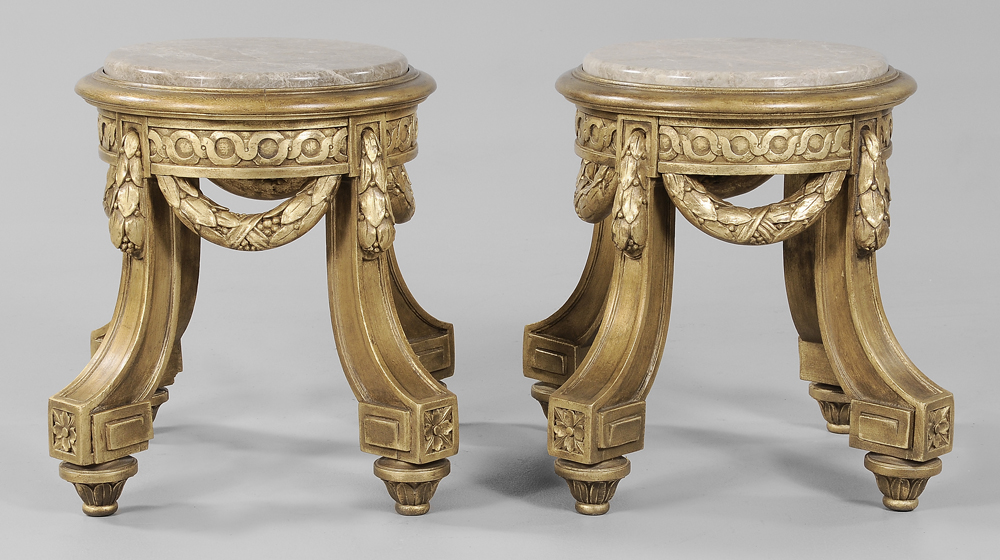 Appraisal: Pair Chippendale Style Gilt Wood and Marble-Top Tabourets modern carved