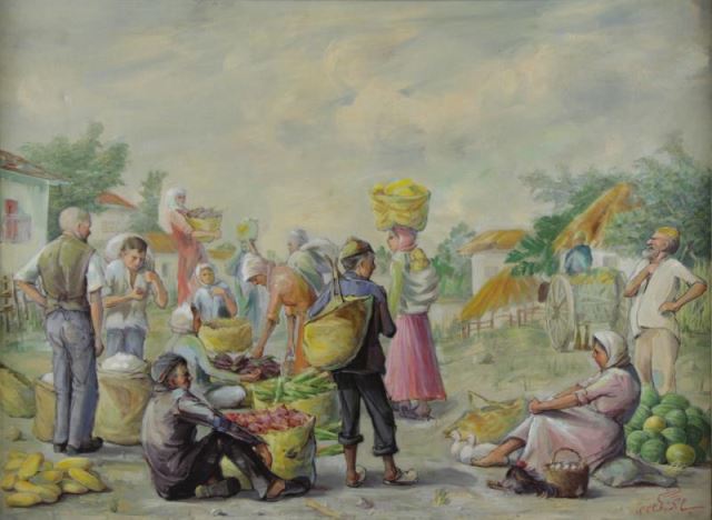 Appraisal: Signed Russian Oil on Canvas Market Scene Signed in Cyrillic