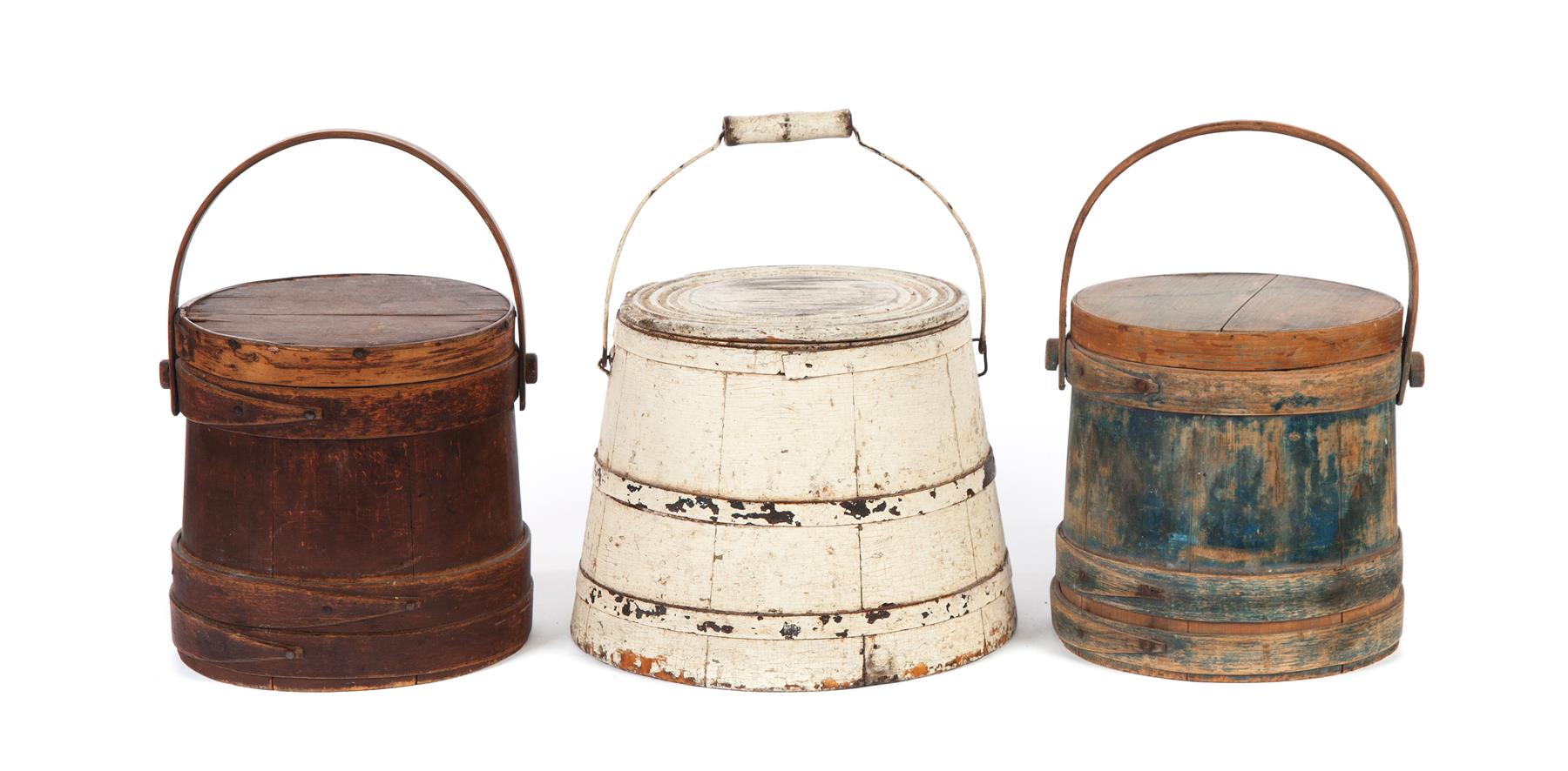 Appraisal: TWO PAINTED LIDDED FIRKINS AND A PAINTED BUCKET American nd