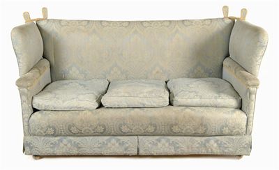 Appraisal: A knole settee upholstered blue damask fabric first half th