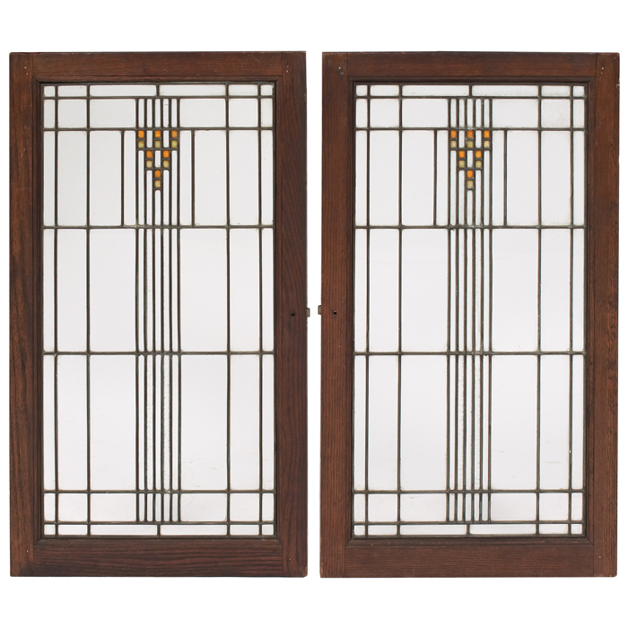 Appraisal: Prairie School windows pair good geometric design in leaded glass