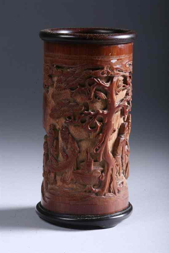 Appraisal: CHINESE BAMBOO BRUSH HOLDER Carved to depict figures under pine