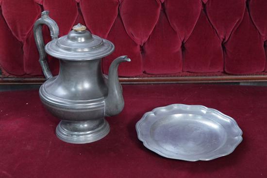 Appraisal: TWO PIECES OF PEWTER Coffee pot with cotton filter Ex