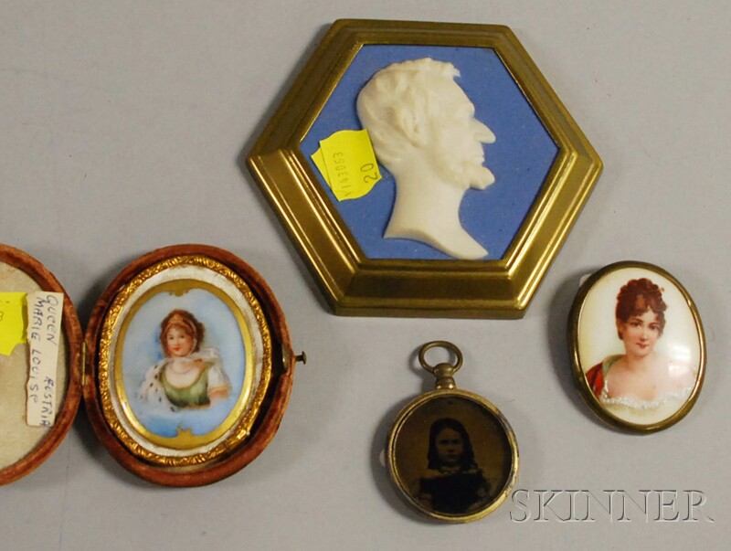 Appraisal: Four Assorted Miniature Portraits a jasperware Lincoln profile portrait plaque