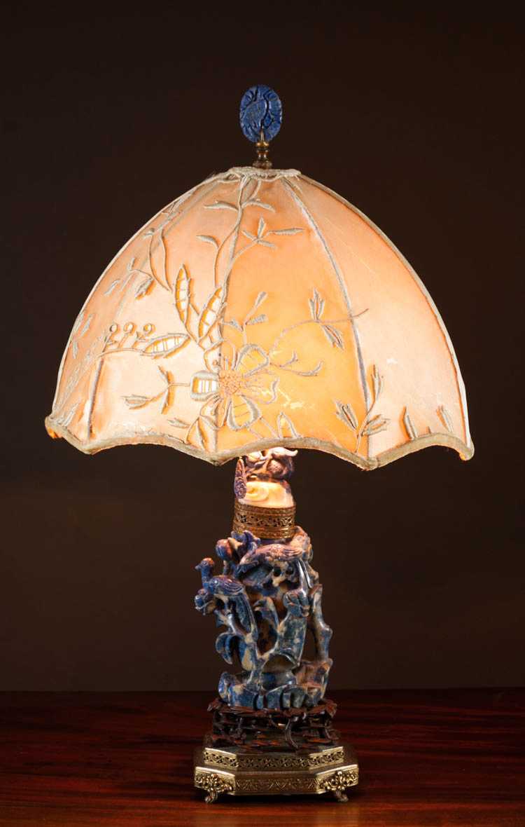 Appraisal: CHINESE CARVED SODALITE TABLE LAMP urn form with bird and