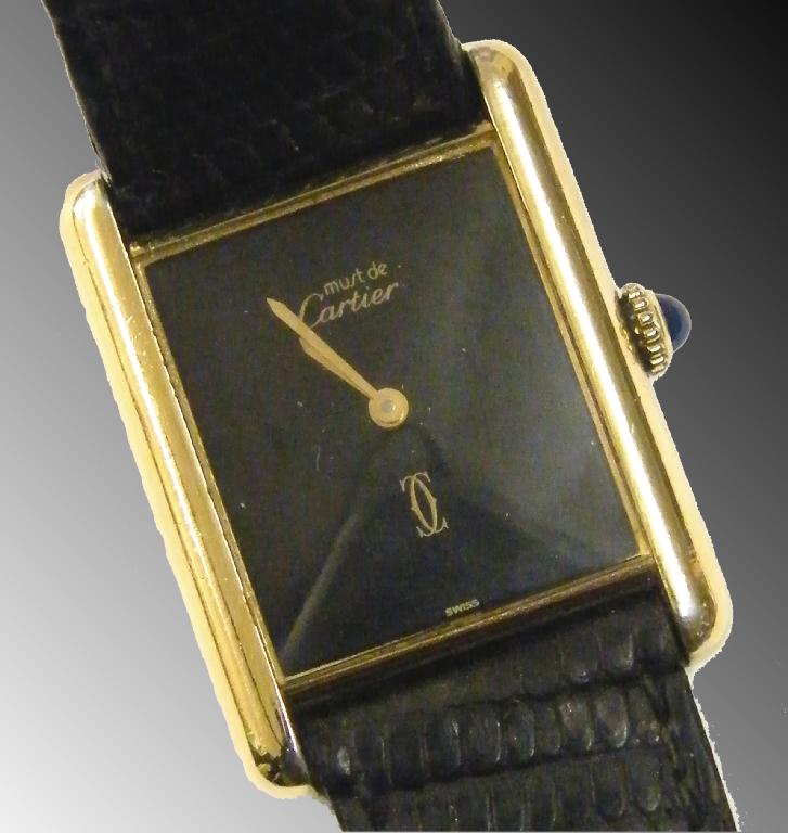 Appraisal: Must de Cartier silver gilt lady's tank wristwatch plain black