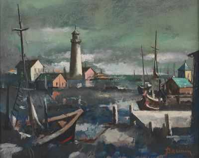 Appraisal: Raymond Breinin American - Dock scene with Lighthouse Oil on