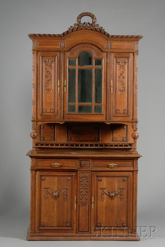 Appraisal: Louis XVI Style Carved Oak Two Part Cabinet late th