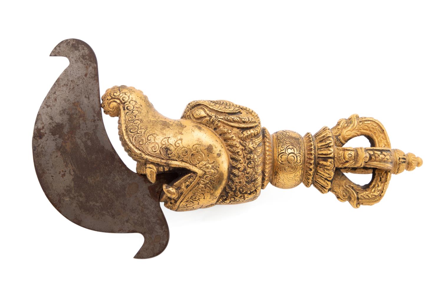 Appraisal: TIBETAN GILT BRONZE AND STEEL DRAGON KARTIKA Tibetan gilt bronze