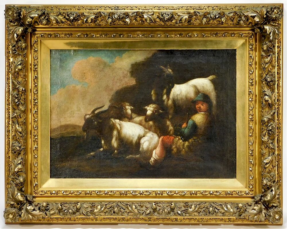 Appraisal: C European Old Master Boy and Goats O C Painting