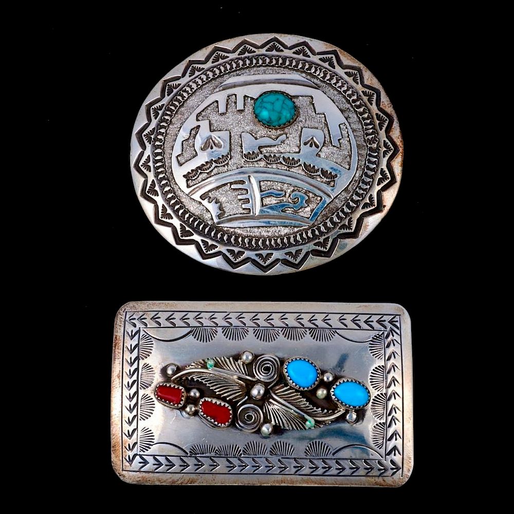 Appraisal: NAVAJO BELT BUCKLES Two Vintage old pawn turquoise coral and