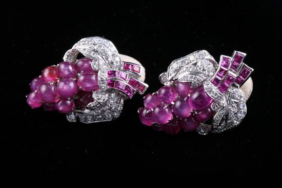 Appraisal: PAIR WHITE GOLD DIAMOND AND RUBY CABOCHON GRAPE CLUSTER DESIGN