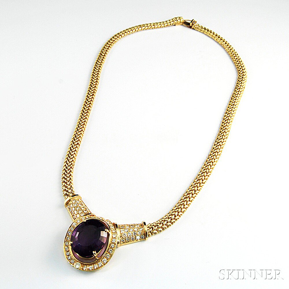 Appraisal: kt Gold Amethyst and Diamond Necklace the large oval-cut amethyst