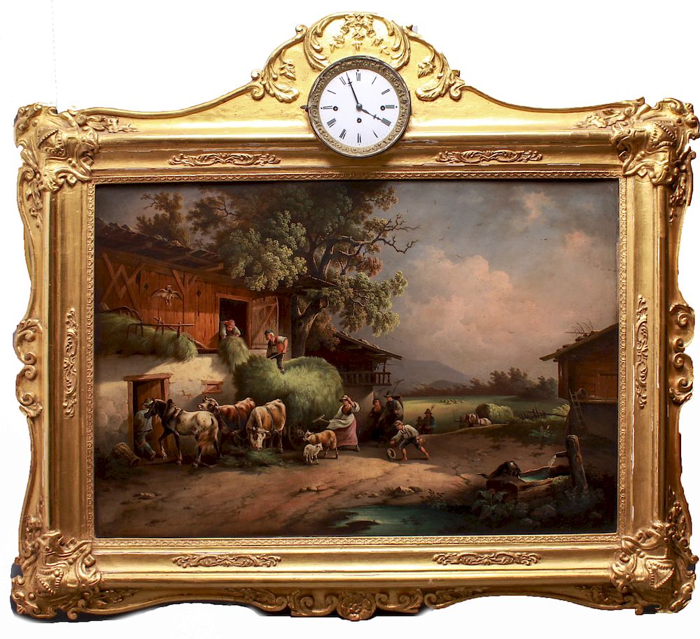 Appraisal: Dutch School Oil Painting in Frame with Clock Dutch School