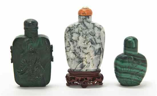 Appraisal: Two Malachite Snuff Bottles one lady's bottle with relief carving