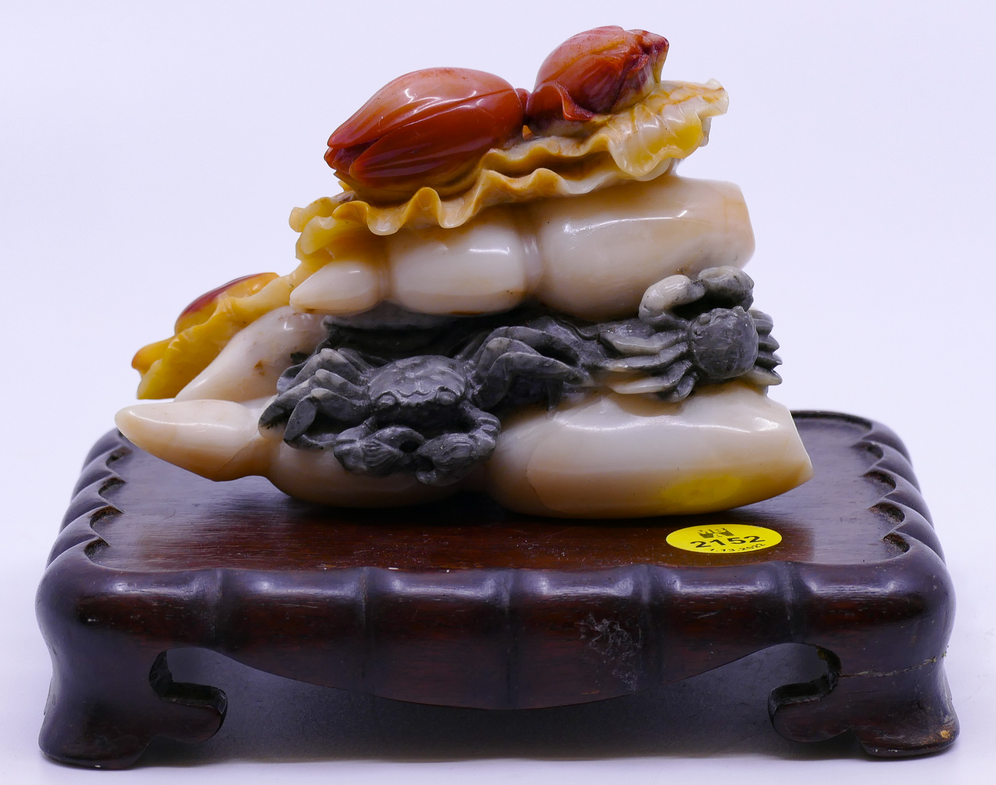 Appraisal: Chinese Color Soapstone Crab Lotus Carving on Stand- x ''