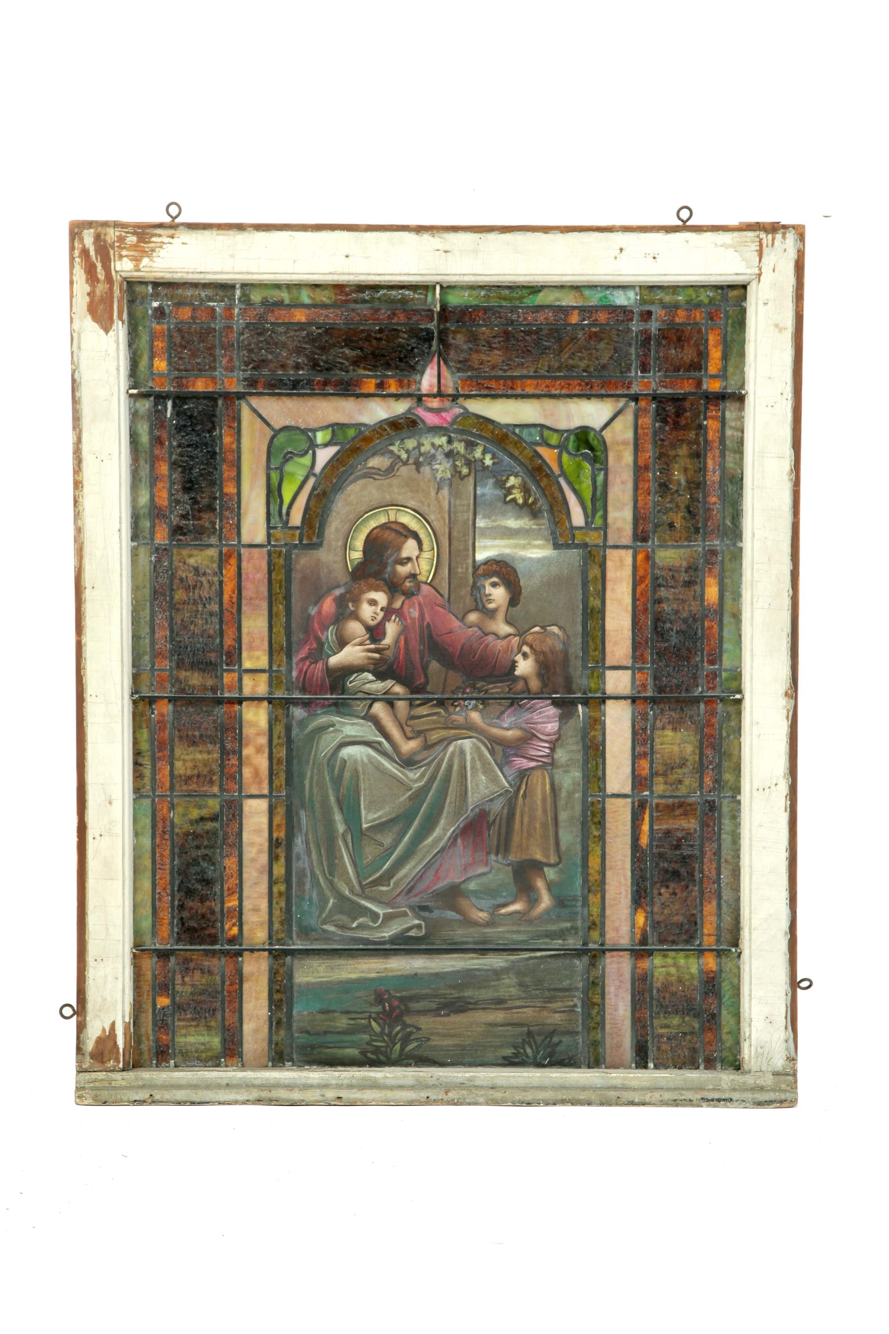 Appraisal: LEADED AND COLORED GLASS WINDOW WITH PAINTED BIBLICAL SCENE IN