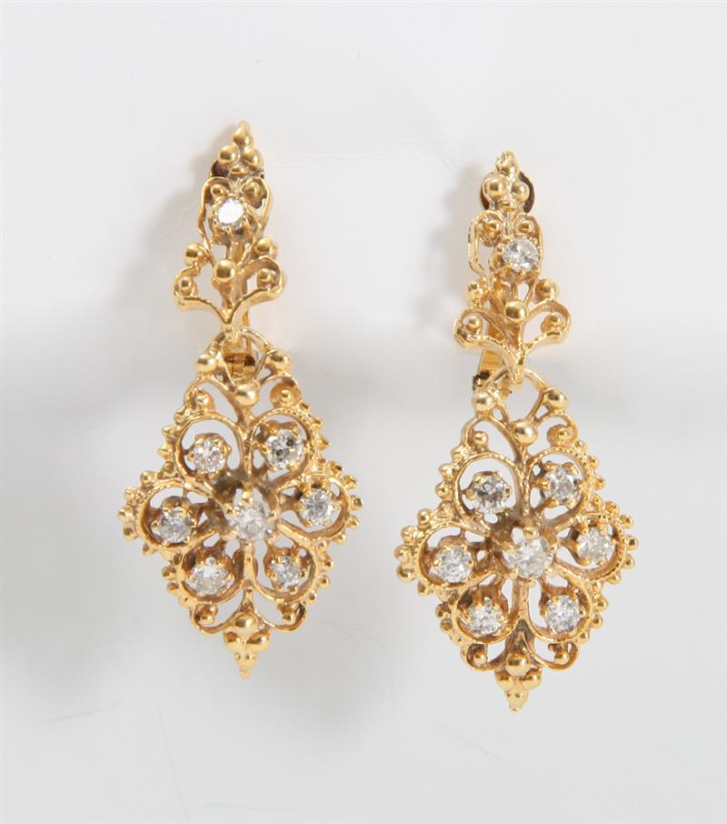 Appraisal: K GOLD AND DIAMOND PENDANT EARRINGS Set with round diamonds