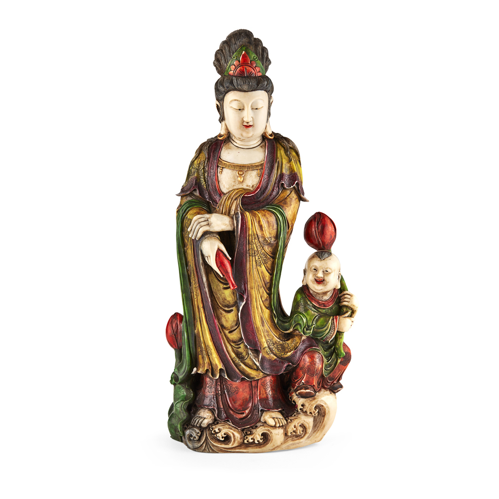 Appraisal: PAINTED SOAPSTONE FIGURE OF GUANYIN QING DYNASTY the Goddess standing