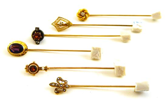 Appraisal: JEWELRY six stick pins garnet and diamond stick pin tested