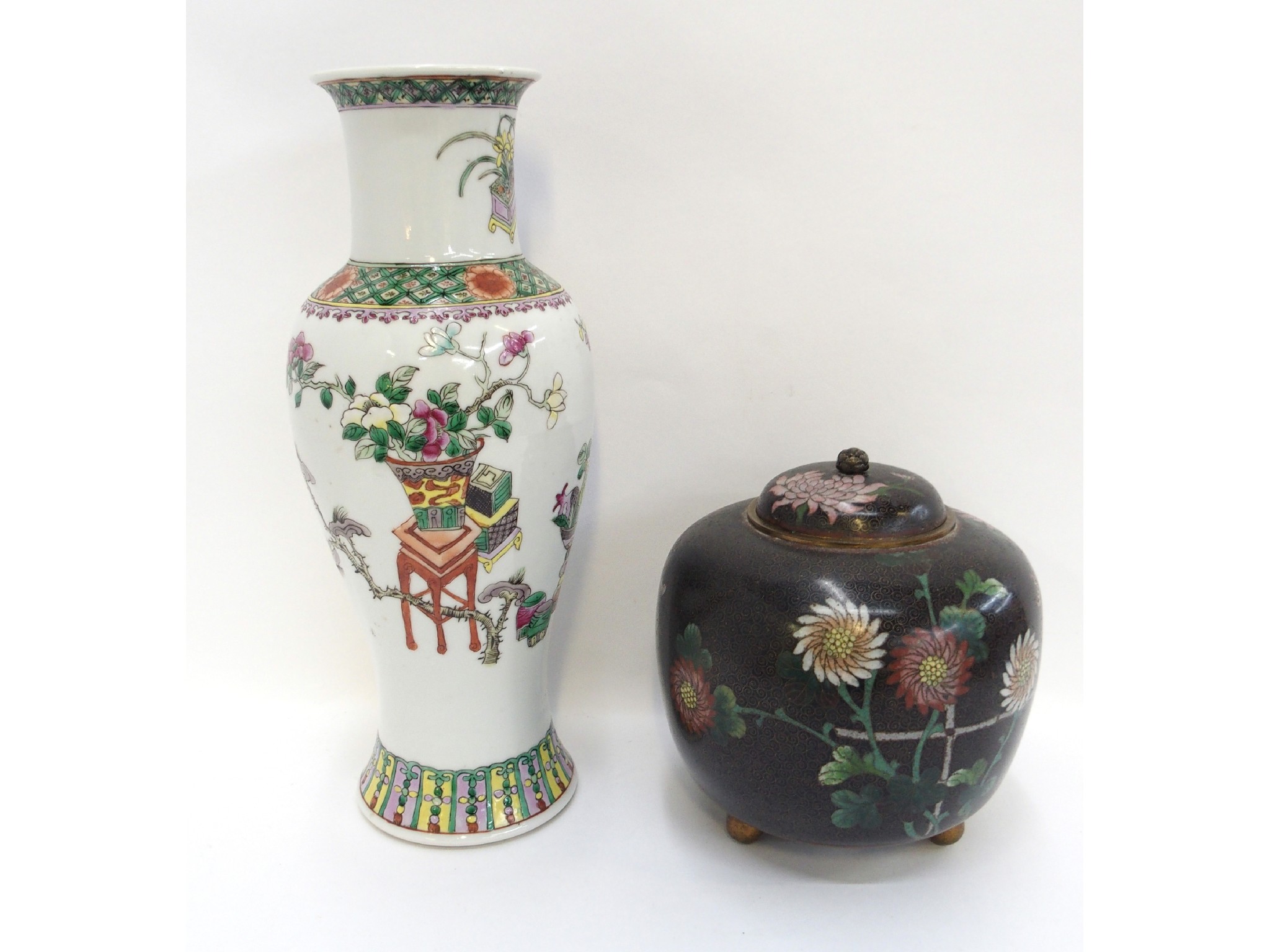 Appraisal: Canton vase and a cloisonne pot and cover decorated with