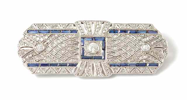 Appraisal: ART DECO DIAMOND BLUE SAPPHIRE AND FOURTEEN KARAT GOLD BROOCH