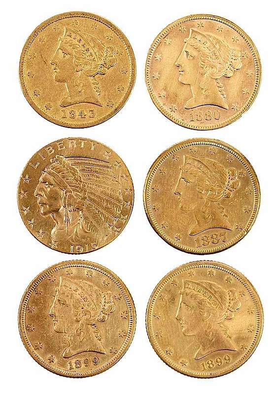 Appraisal: Six Gold Half Eagles dates include -S -S x Provenance