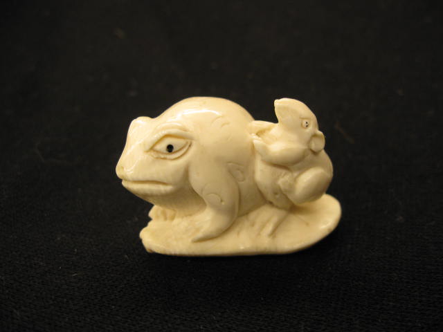 Appraisal: Carved Ivory Netsuke of a Frog Mouse on a leaf