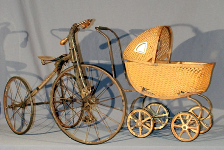 Appraisal: Black-Painted Iron Tricycle and a Wicker Doll's Carriage th Century