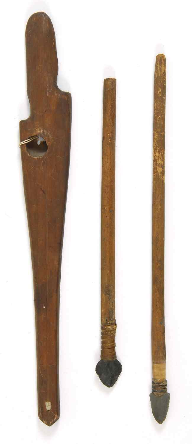 Appraisal: TWO INUIT LANCE POINTS AND A WOOD SPEAR THROWER th