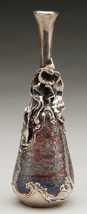 Appraisal: SILVER OVERLAY VASE Very unusual Art Nouveau-style vase has blown