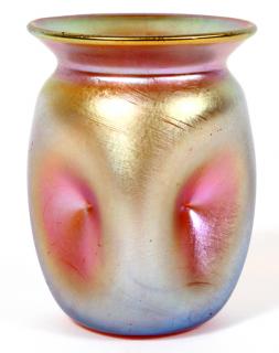 Appraisal: QUEZAL IRIDESCENT GLASS BUD VASE TOOTHPICK HOLDER H A round