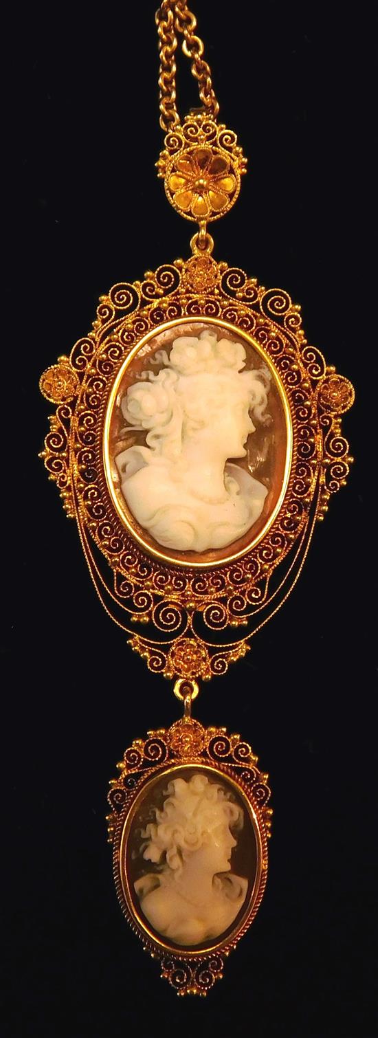 Appraisal: JEWELRY K yellow gold tiered cameo necklace two carved cameos