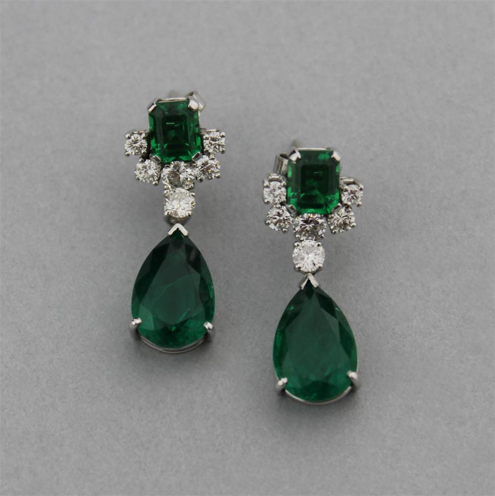 Appraisal: K WHITE GOLD DIAMOND AND SYNTHETIC EMERALD DROP EARRINGS set