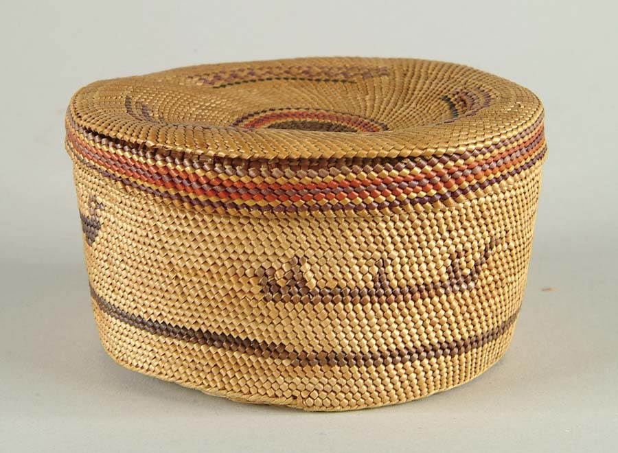 Appraisal: NORTHWEST INDIAN COVERED ROUND BASKET Probably Nootka Makah having ducks