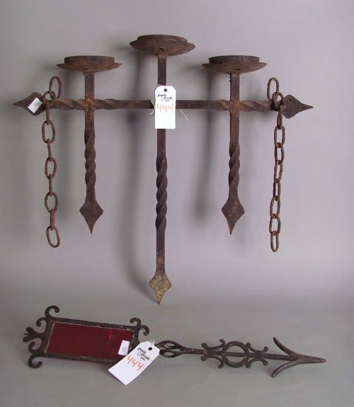 Appraisal: Wrought iron bannerette l together with an iron hanging candle