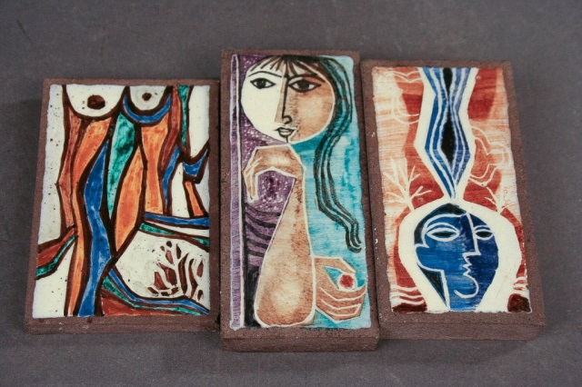 Appraisal: Three Modern Tiles Possibly Italian or French Abstract figural subjects