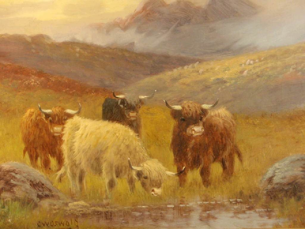 Appraisal: Charles W Oswald th century Highland cattle on a misty