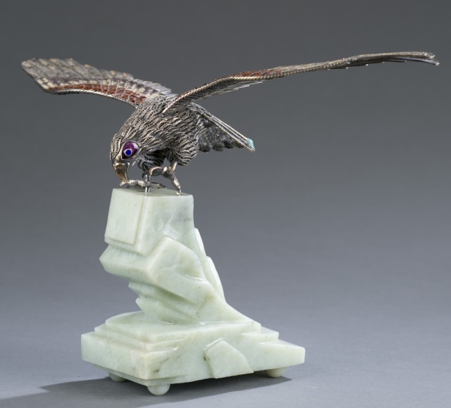 Appraisal: Art Deco Sterling Eagle on Jade Perch Eagle's feathers are