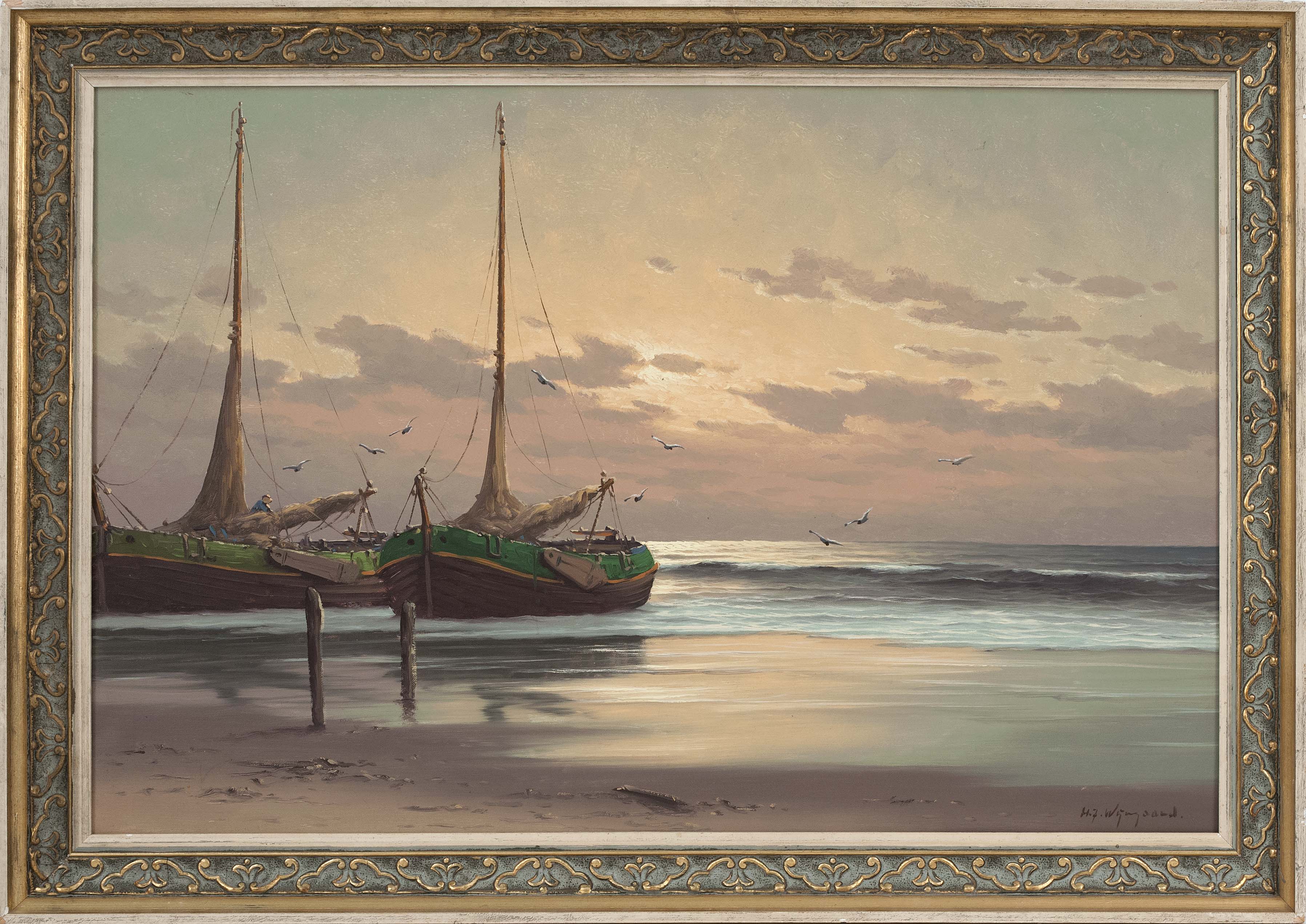 Appraisal: HERMAN J WYNGAARDNetherlands b Fishing boats beached under a sunset