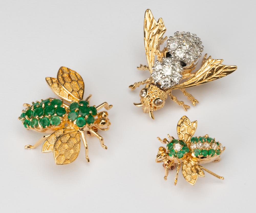 Appraisal: THREE KARAT YELLOW GOLD DIAMOND EMERALD BEE BROOCHESIncluding a karat